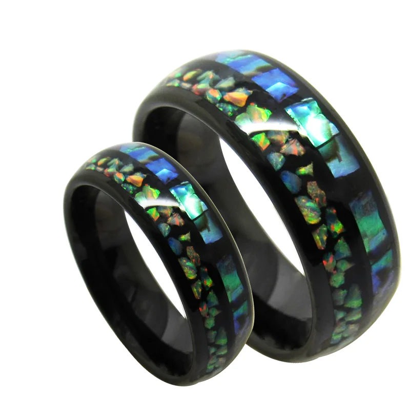 6MM 8MM Full Arc Electric Black Tungsten Carbide Wedding Bands Inlaid Opal And Abalone Shell Couple