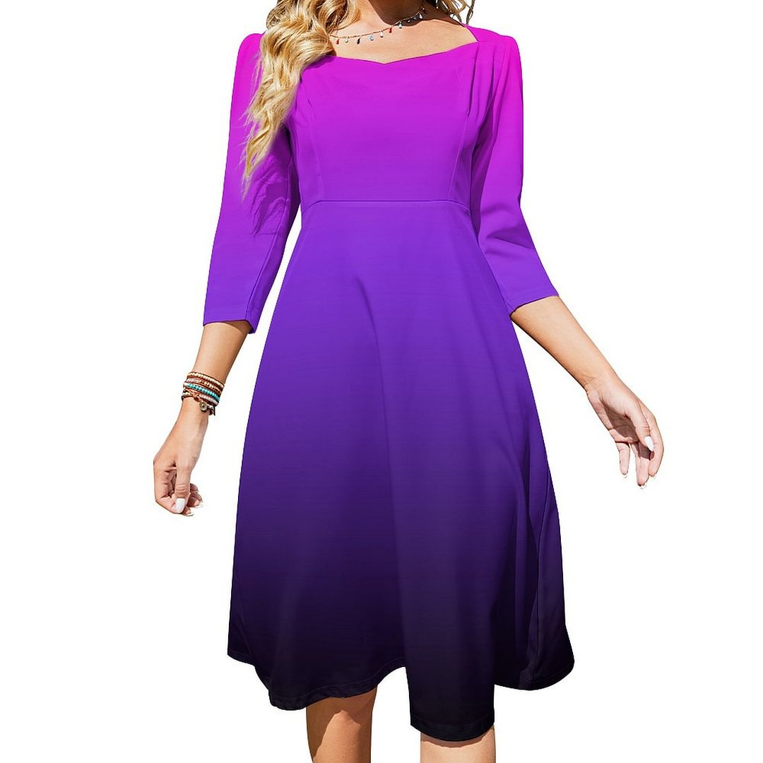 Hot Pink Violet And Black Ombre Dress Sweetheart Tie Back Flared 3/4 Sleeve Midi Dresses