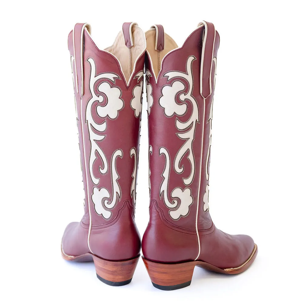 Burgundy Chunky Heel Decorative Inlay Cowboy Boots for Women