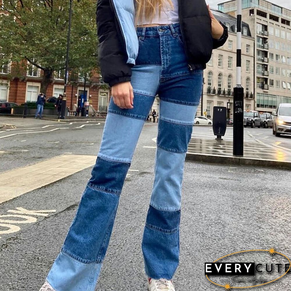Patchwork Stitch Color Block Slim Fit Straight Leg Jeans Ripped Denim Pants
