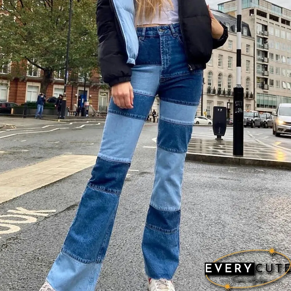 Patchwork Stitch Color Block Slim Fit Straight Leg Jeans Ripped Denim Pants