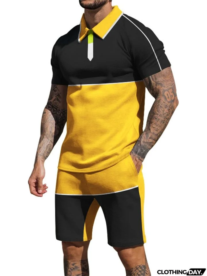 Contrasting Colors Patchwork Two Pieces Summer Sportswear Sets for Men