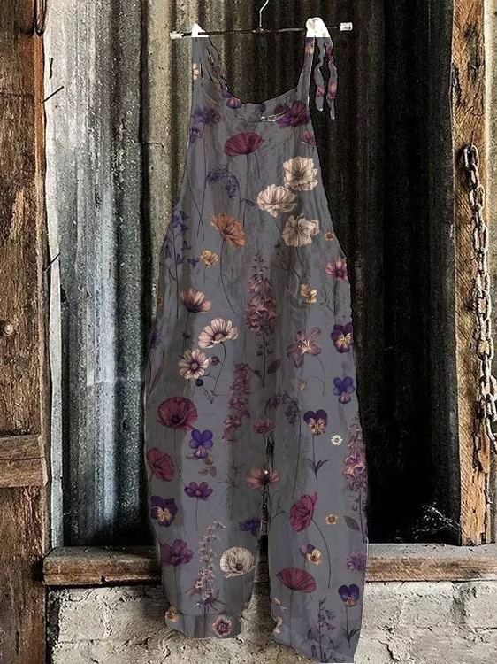 Women's Cute Print Linen Blend Casual Jumpsuit