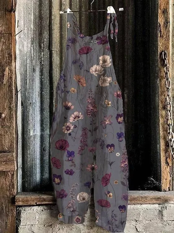 Women's Cute Print Linen Blend Casual Jumpsuit