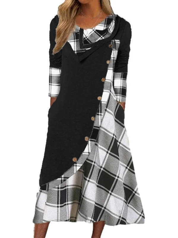 Women Long Sleeve Pile collar Plaid Stitching Maxi Dress