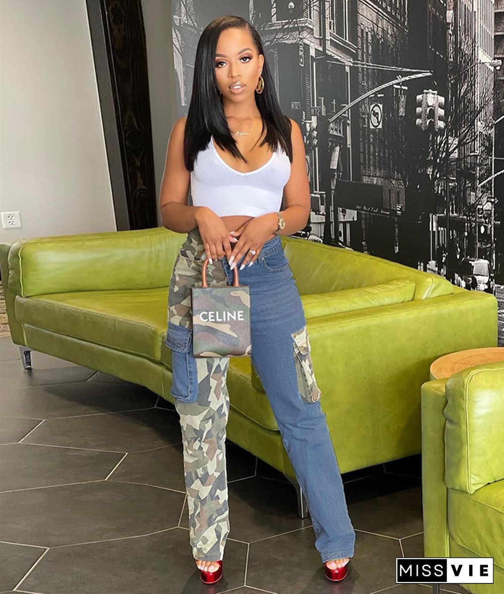 High Waist Patchwork Camouflage Cargo Denim Pants