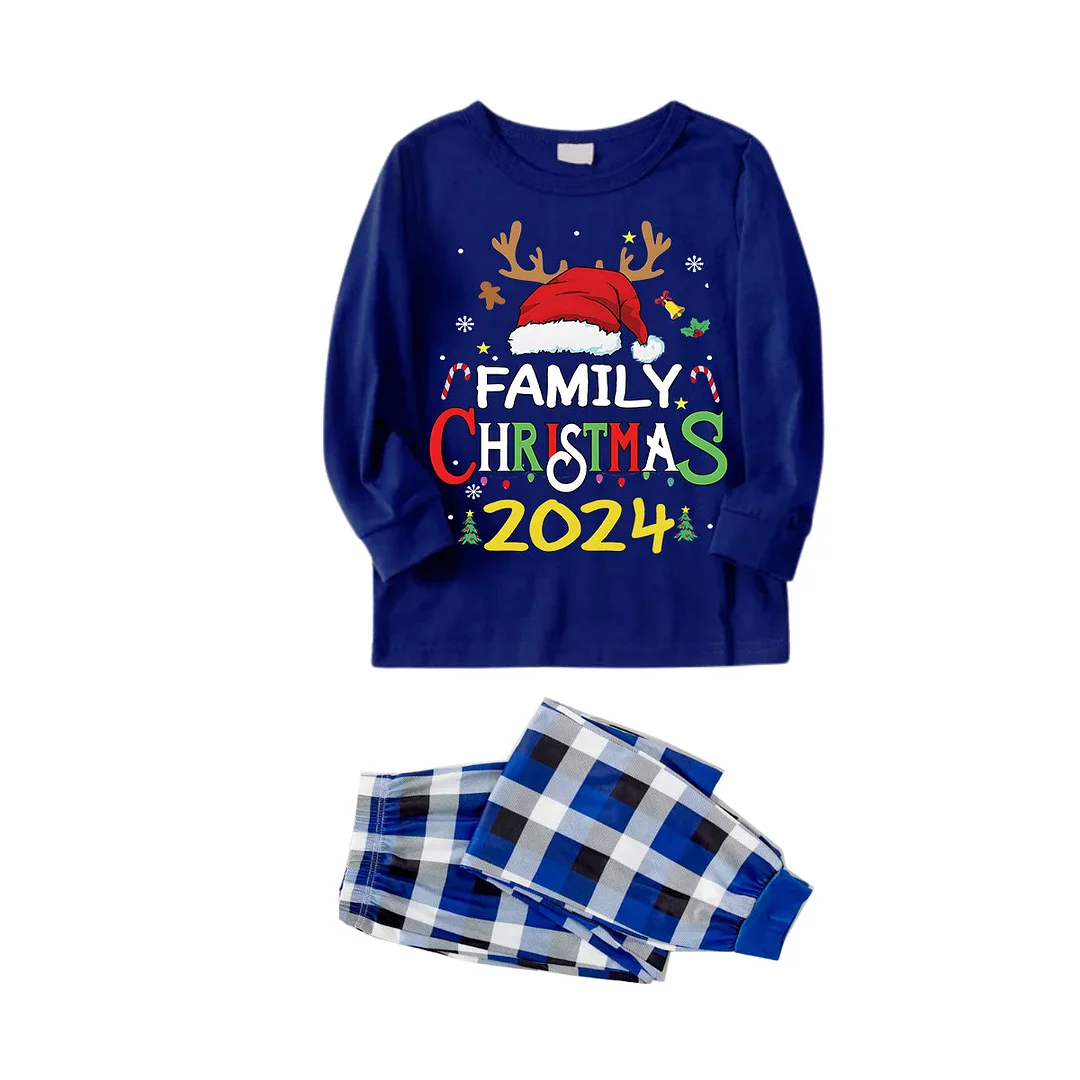 Red Santa Hat "2024 Family Christmas" Monogram Print Contrast Blue Long Sleeve with Blue and White Plaid Pants Family Matching Pajamas