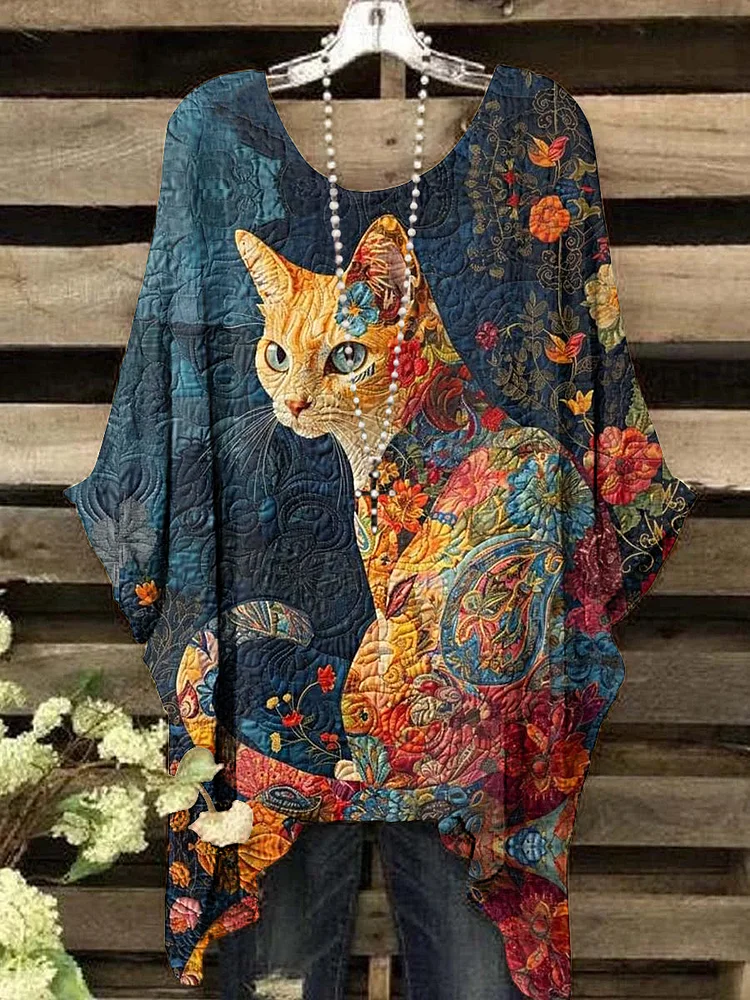 Women's Vintage Cat Floral Pattern Round Neck Top