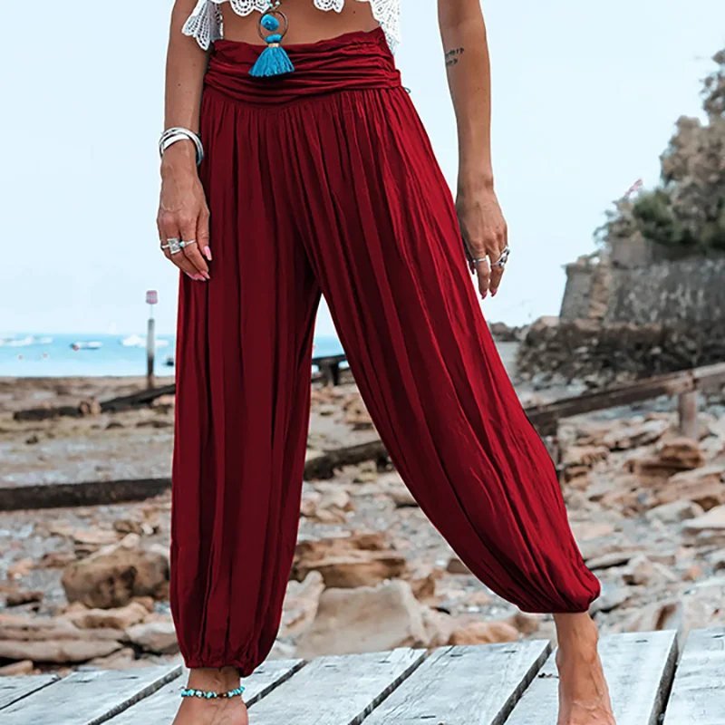 Women Pants Fashion Loungewear All Match Spring Summer Solid Elegant Bloomers Beach Style Soft Ladies Pleated Pants Streetwear