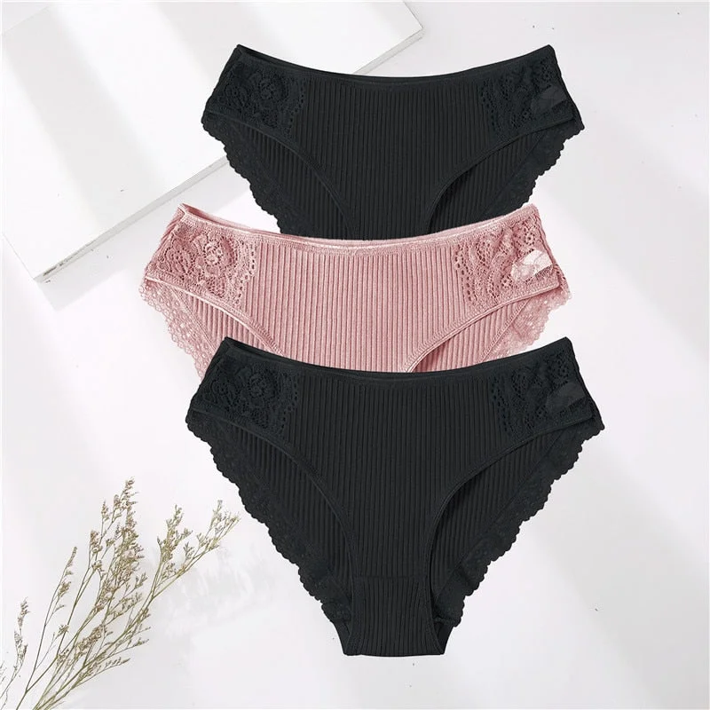 FINETOO 3PCS/Set M-XXL Cotton Underwear Women's Panties Comfort Underpants Floral Lace Briefs For Woman Sexy Low-Rise Intimates