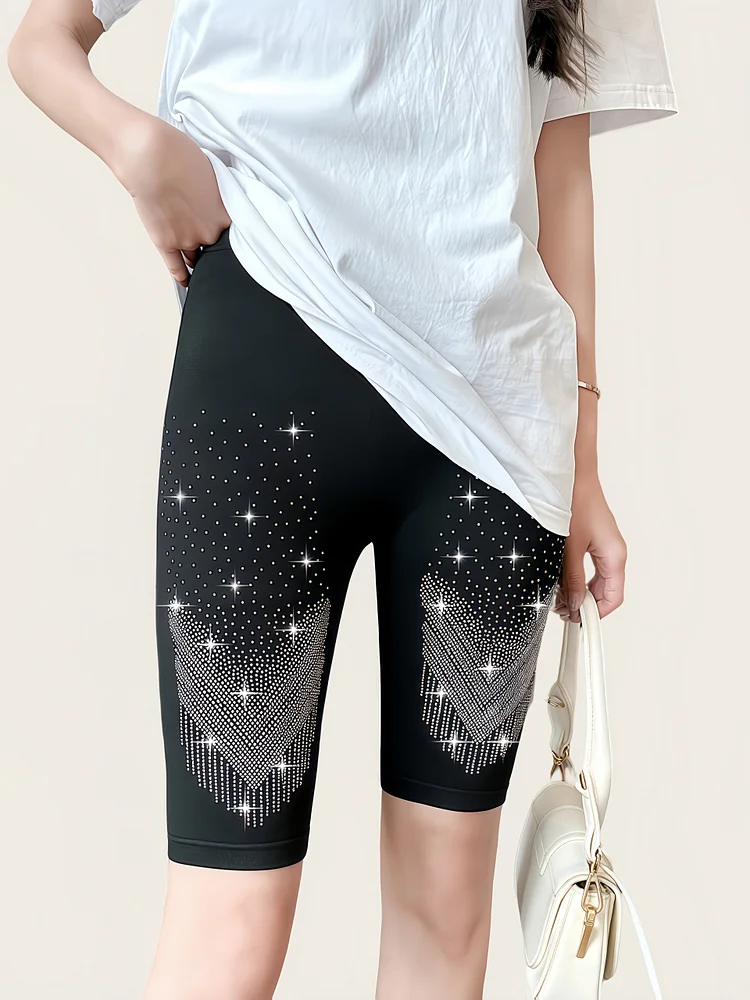 1pc Women's High-Waisted V-Cut Rhinestone-Embellished Capri Pants - High-Stretch Machine-Washable Black Tight-Fit For Spring/Summer Casual Outings & Cycling, Pants For Ladies, Summer, Stretchy Fabric