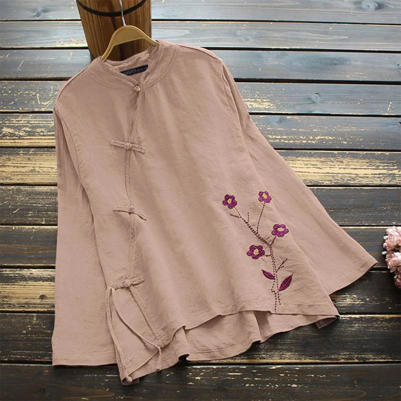 ZANZEA Women Vintage Floral Embroidery Blouse Summer Long Sleeve Buttons Shirt Casual Loose Blusas Chemise  Tops Tunic