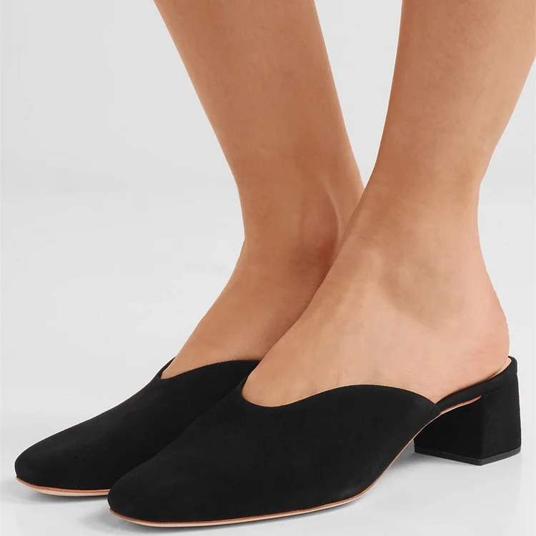Women's Black Square Toe Vegan Suede Block Heel Mules Shoes |FSJ Shoes