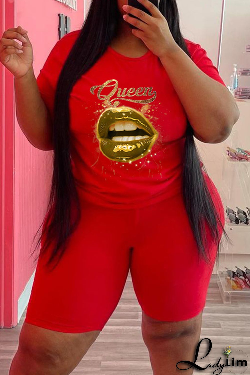 Black Fashion Casual Lips Printed Basic O Neck Plus Size Two Pieces