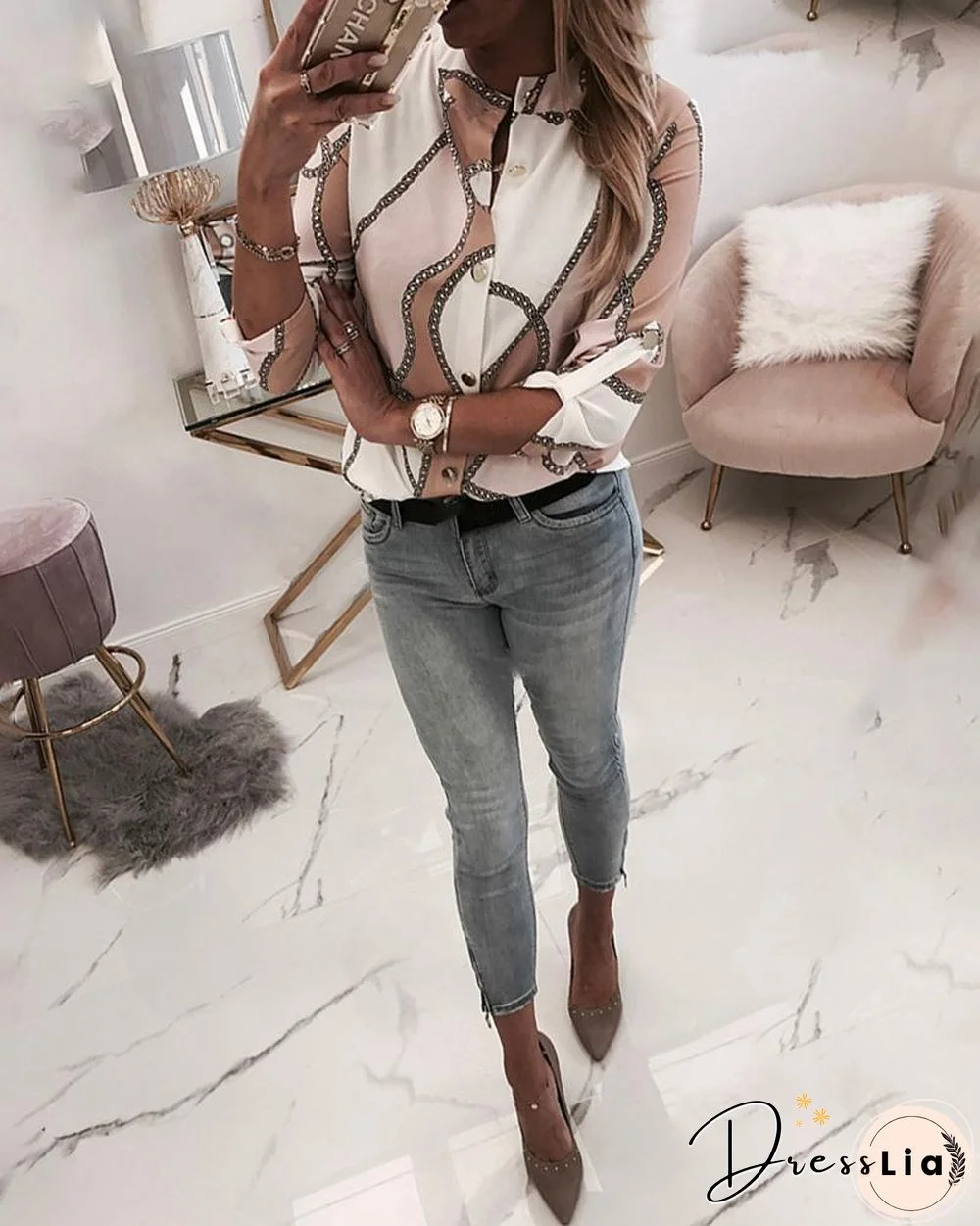 Chain Print Button Through Casual Shirt P10685