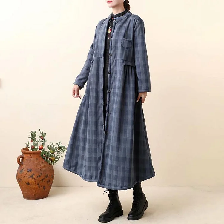 Thick Retro Cotton Linen Plaid Long Coat Dress