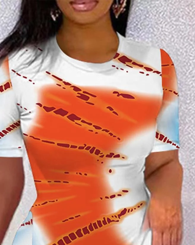 Nncharge Piece Sets Womens Outifits 2023 Spring Fashion Tie Dye Print Split Hem O-Neck Short Sleeve Top & Casual Skinny Shorts Set