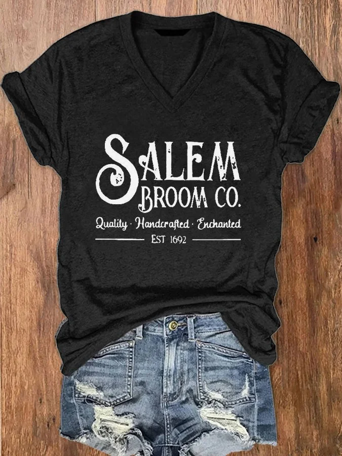 Women's Salem Broom Co Quality Handcrafted Enchanted Est 1692 Print V-Neck T-Shirt socialshop