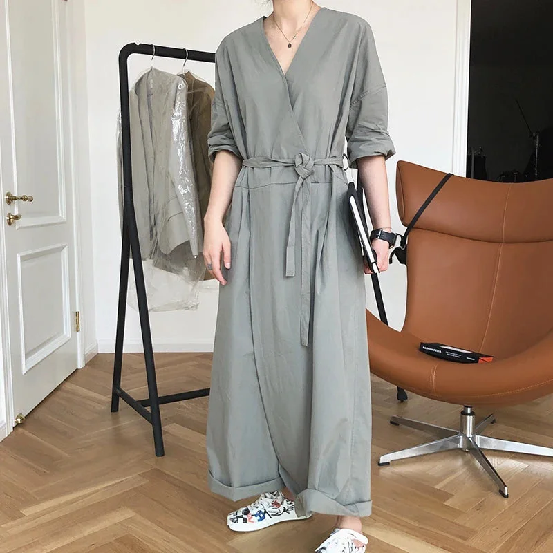 Tlbang Casual Wide Leg Jumpsuits Ladies Playsuits Elegant Loose Office Original Elasticity Jumpsuits Women V-Neck Romper 2023