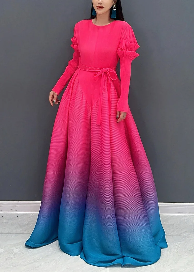 2024 Red O-Neck Gradient Color Maxi Dresses Long Sleeve