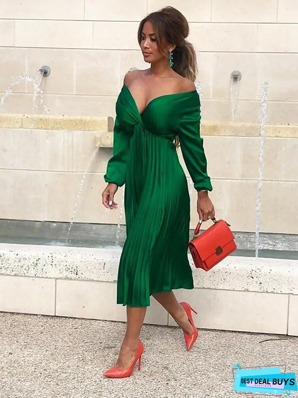 Women's A Line Dress Knee Length Dress Green Long Sleeve Solid Color Ruched Summer V Neck Hot Sexy