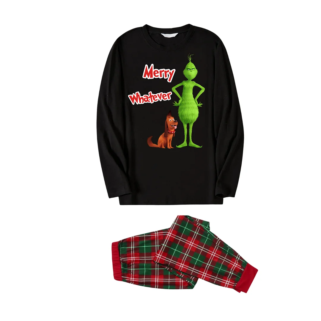 Cartoon Pattern and "Merry Whatever" Slogan Printed Red and Green Plaid Family Matching Pajamas