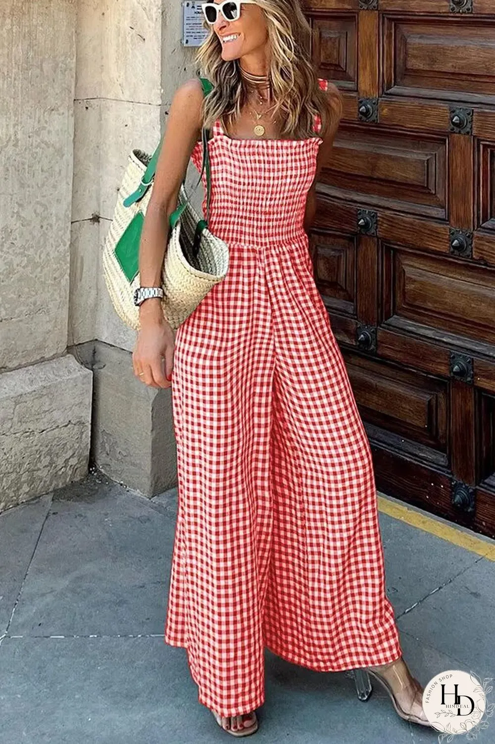 Plaid Smocked Wide Leg Jumpsuit