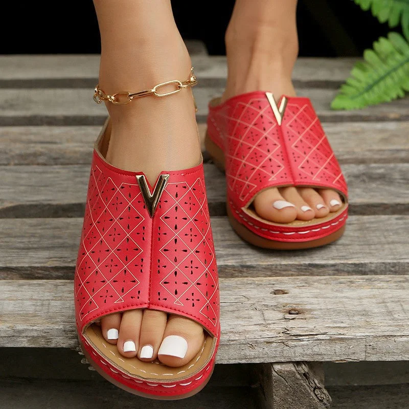 Women Vintage Hollow Out Wedge Slide Sandals Slippers Shoes