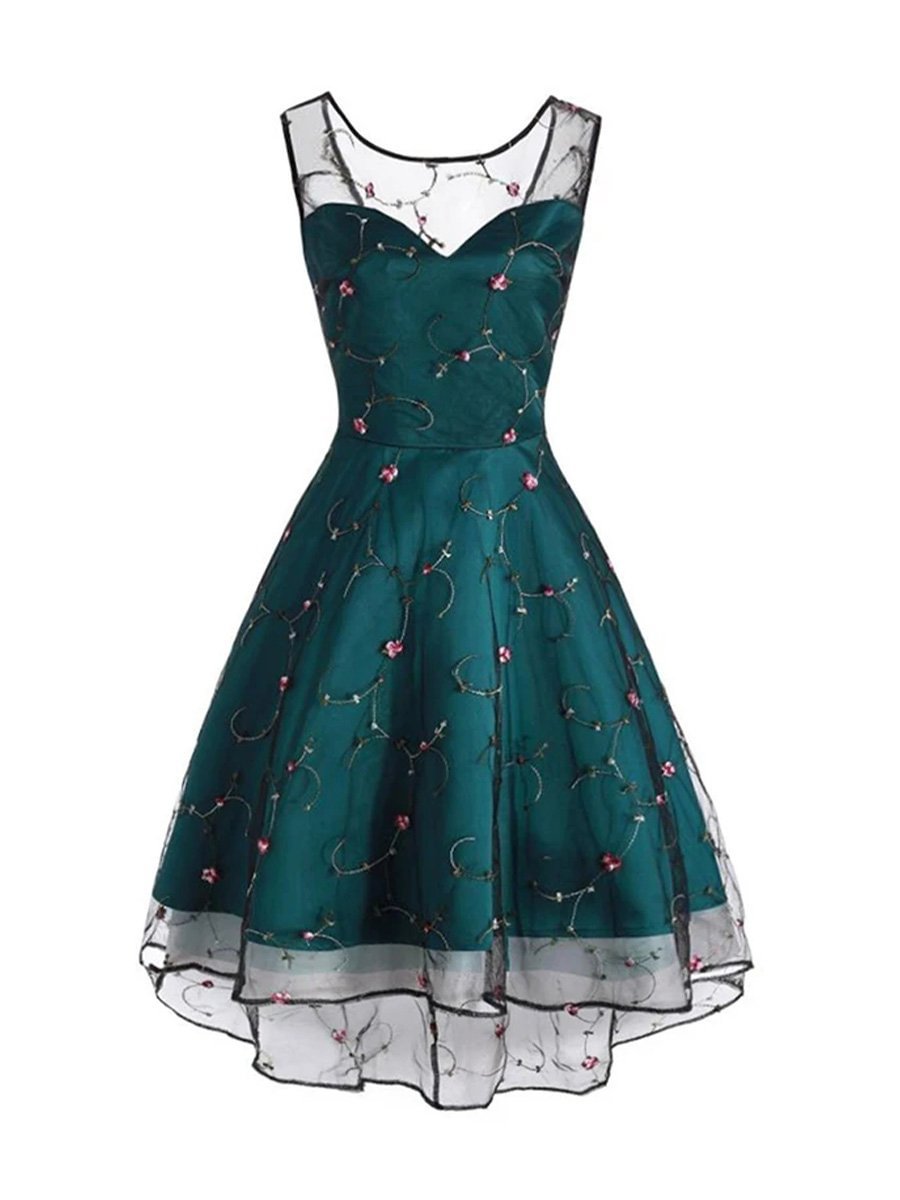 1950s Dress Mesh Sleeveless Floral Skater Dress