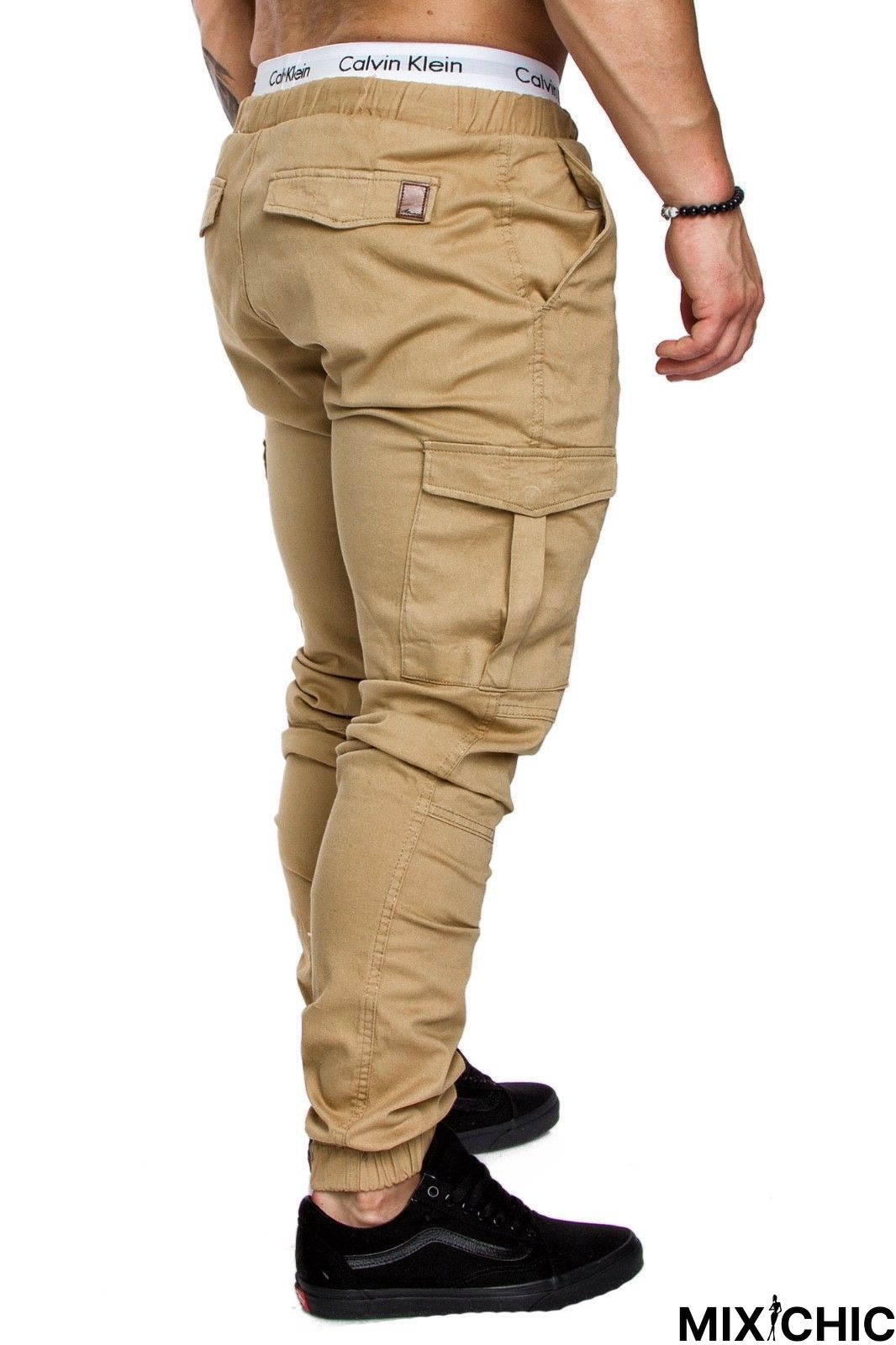 Men Casual Joggers Solid Color Pants Cotton Elastic Long Trousers