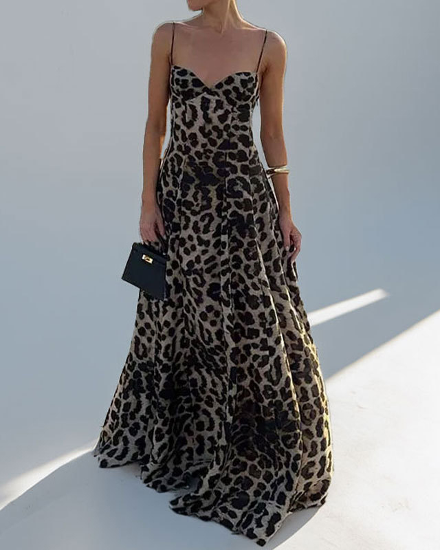 Leopard Print Thin Straps Sweetheart Neckline Maxi Dress