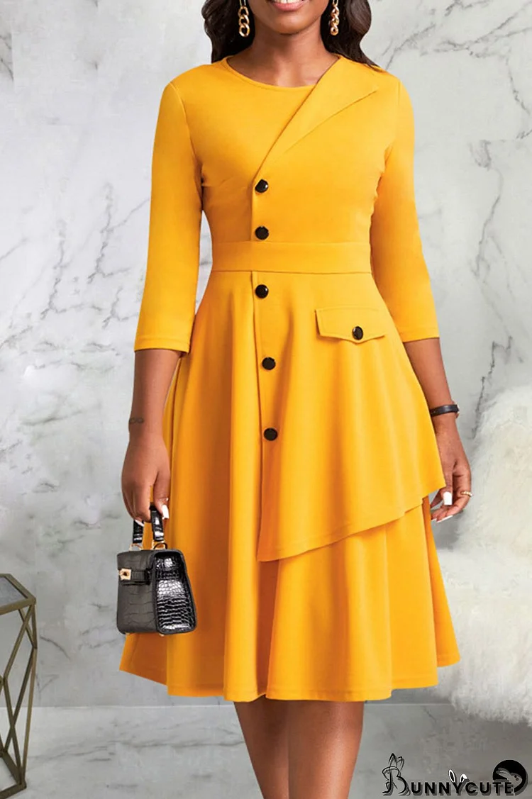 Yellow Casual Solid Patchwork Buttons O Neck A Line Dresses