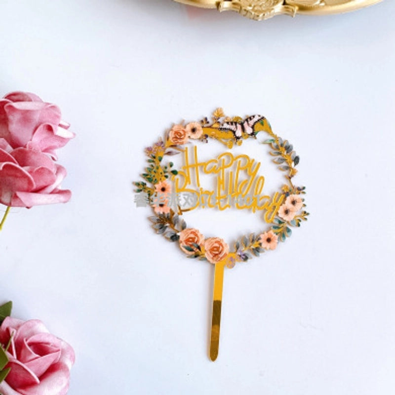 Acrylic Cake Topper Ins Style Floral Uv Color Printing Happy Birthday Dessert Decoration Plugin