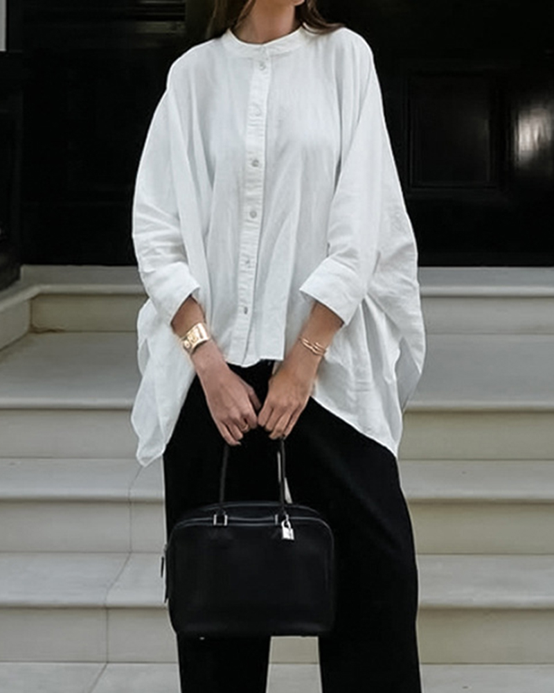 Three Quarter Sleeve Stand Up Collar Oversize Shirt
