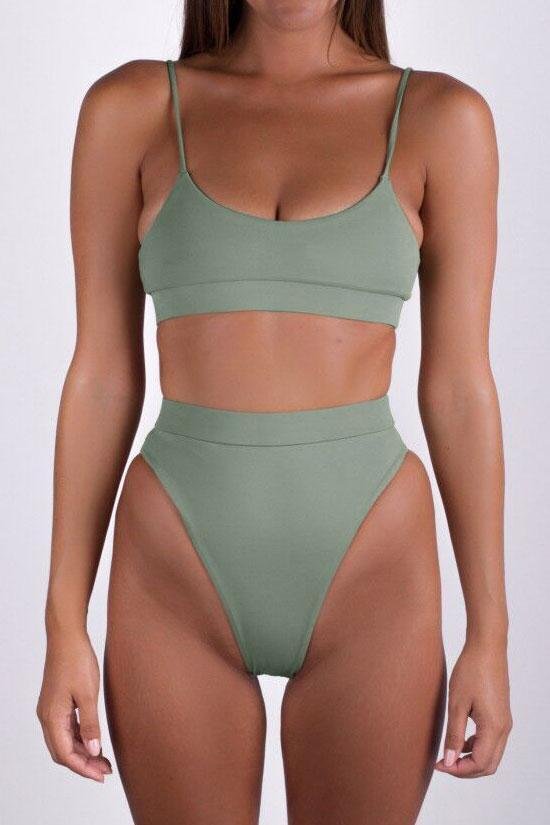 Army Green High Waist High Cut Thong Bralette Bikini-elleschic