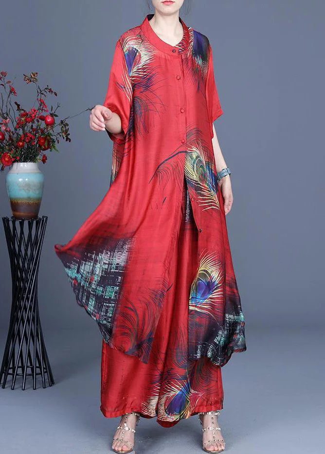 Summer 2021 Loose Silk Red Print Coat + Two Piece Pants