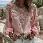 Women's Vintage Pink Rose Embroidery Art Round Neck Long Sleeve Linen Blend T-shirt - Image 2