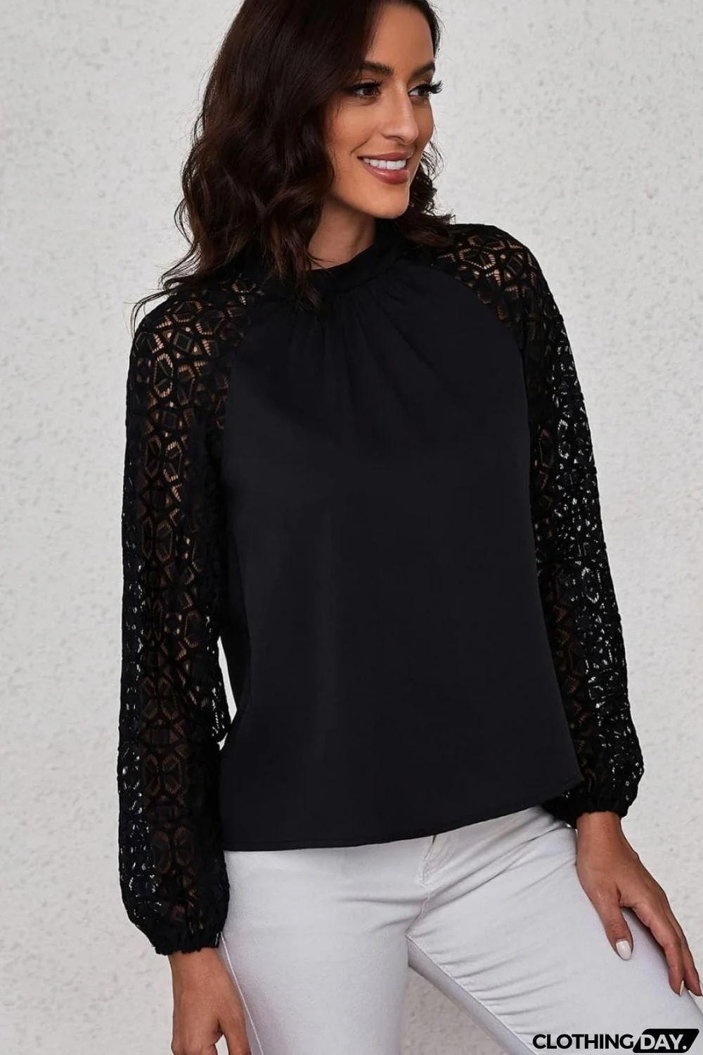 Lace Raglan Sleeve Gathered Detail Blouse