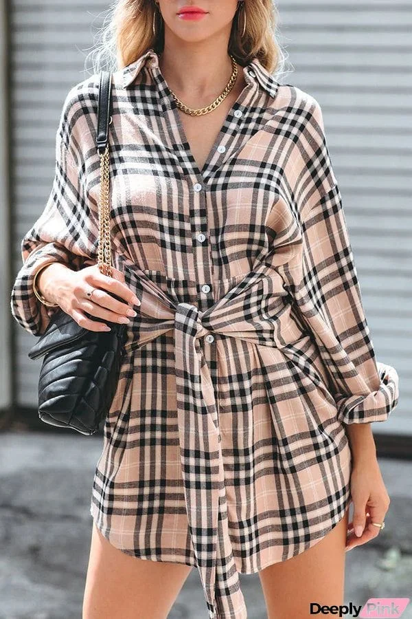Plaid with My Heart Front Tie Shirt Dress