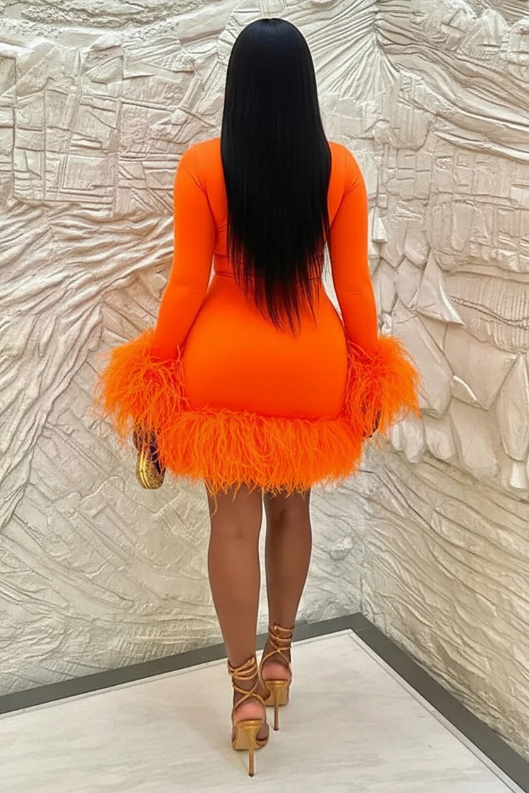 Feather Patchwork Long Sleeve Bodycon Mini Dresses-Orange [Pre Order]