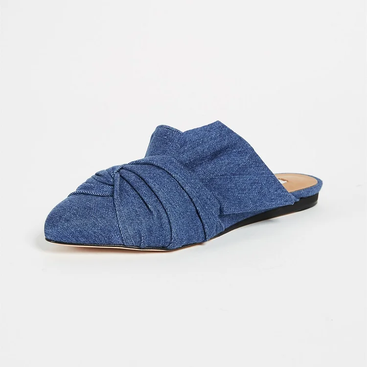 Blue Denim Flats Almond Toe Knotted Mule Loafers for Women |FSJ Shoes