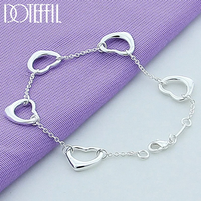 DOTEFFIL 925 Sterling Silver Five Heart Bracelet For Woman Jewelry