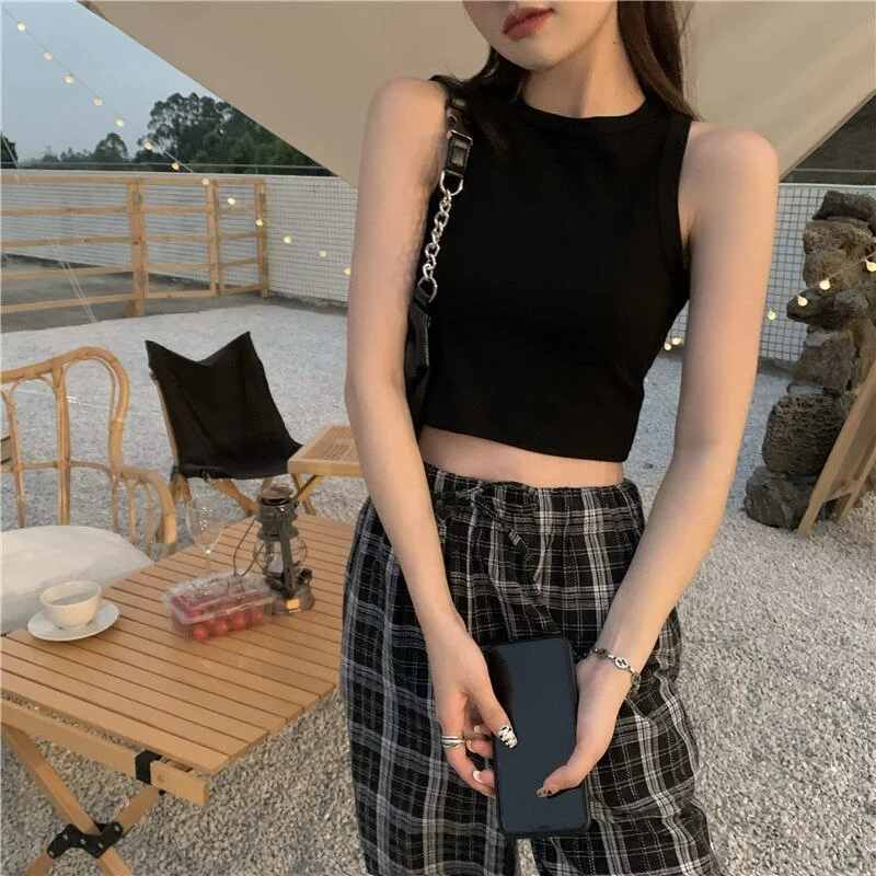 Woherb Women Tanks Solid Simple Fashion Crop Tops Skinny Slim Sexy All-match Temper Leisure Teenagers Cool Streetwear Hot Camis Lovely