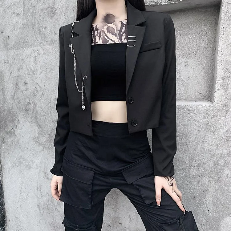 GOTHIC CHAINED SHORT BLACK BLAZER JACKET