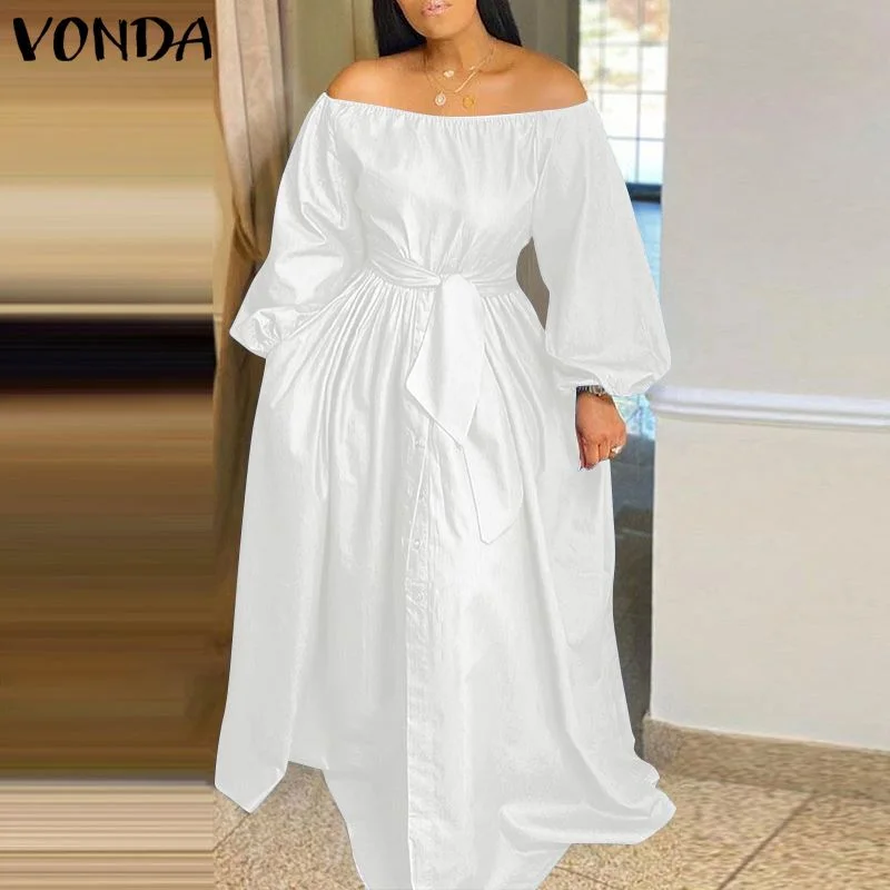 Autumn Dress 2022 VONDA Women Long Lantern Sleeve Off The Shoulder Dresses Loose Solid Sundress Oversize Long Maxi Robe Femme