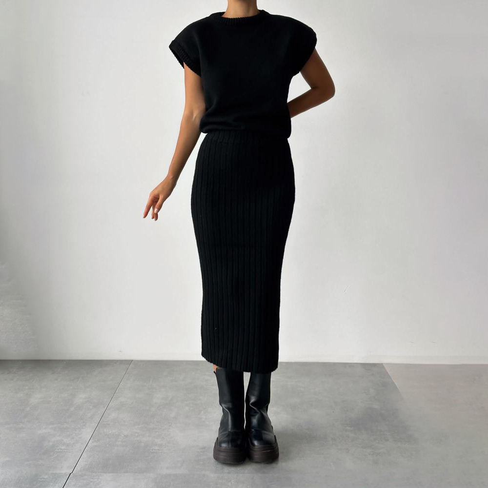 Ootddress Knit Sweater 2 Piece-Set Women Loose Ribbed Sleeveless Pullover And High Waist Long Skirt Outfits Knitwear Women's Sets