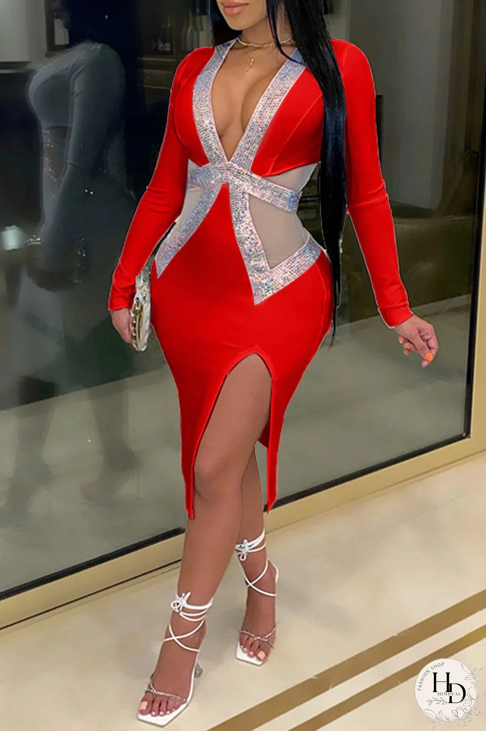 Red Fashion Sexy Patchwork Slit Hot Drill V Neck Long Sleeve Dresses