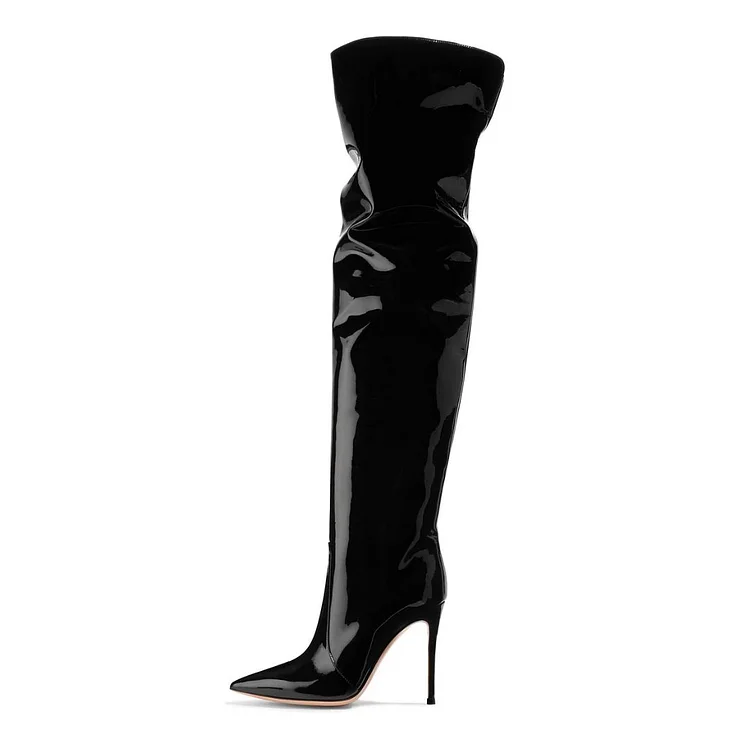 Black Patent Leather Pointy Toe Stiletto Over the Knee Boots |FSJ Shoes