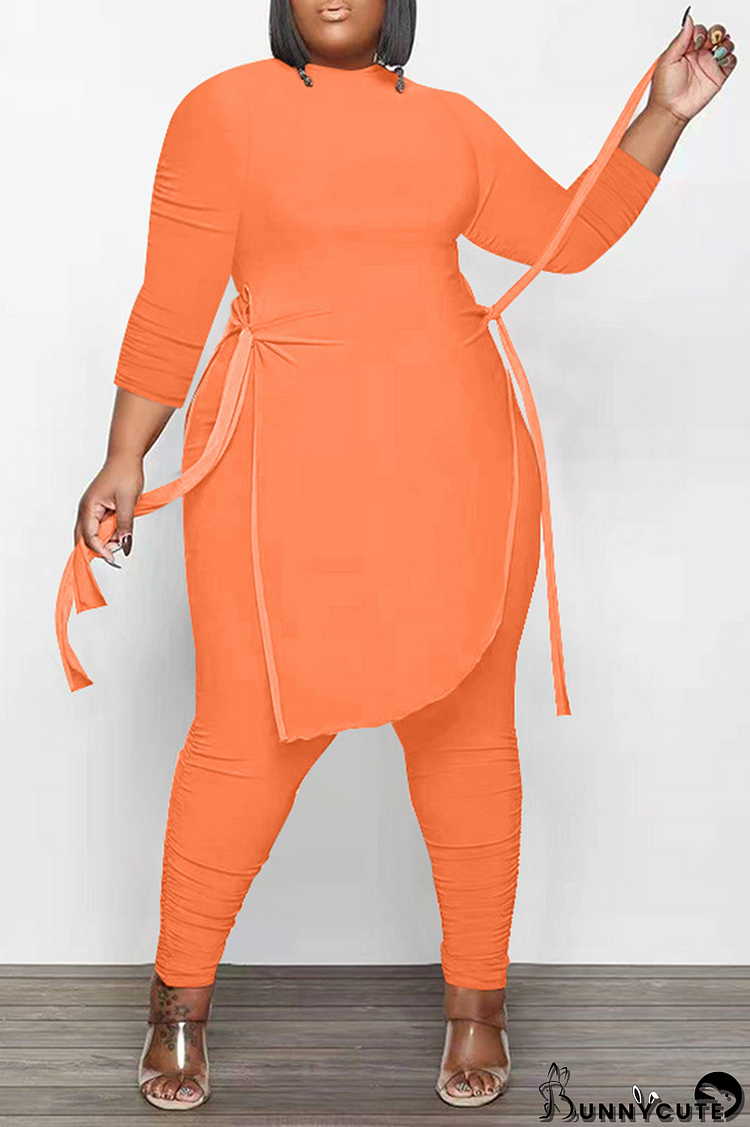 Orange Casual Solid Patchwork Half A Turtleneck Plus Size Two Pieces