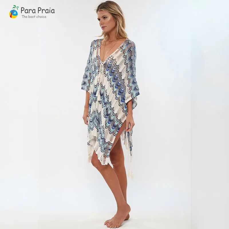 Bikini Cover Ups Beach Dress Long Sleeve Crochet Swimsuit Cover Up Crochet Knitted Tassel Tie Beachwear Women Loose Cardigan